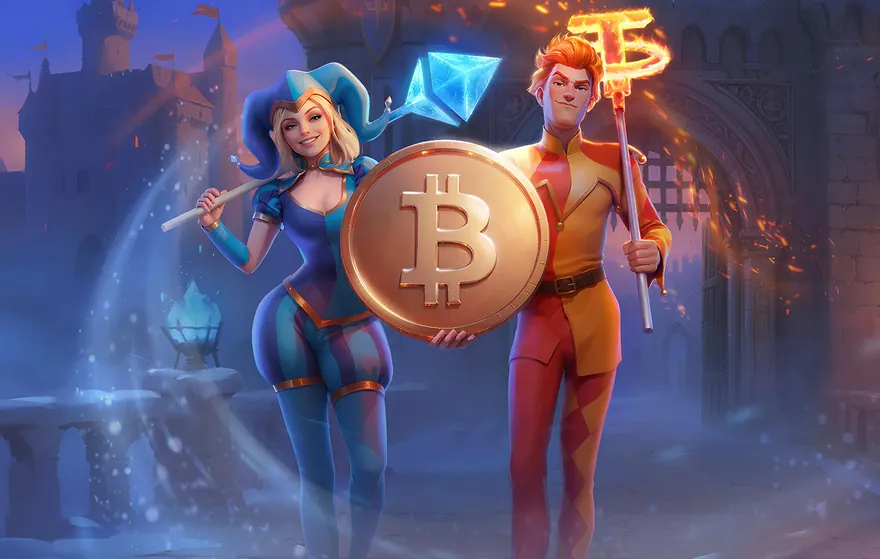 Lola and Jack carry a huge Bitcoin coin over the castle bridge between ice-blue and fiery torches – crypto welcome at Lolajack Casino