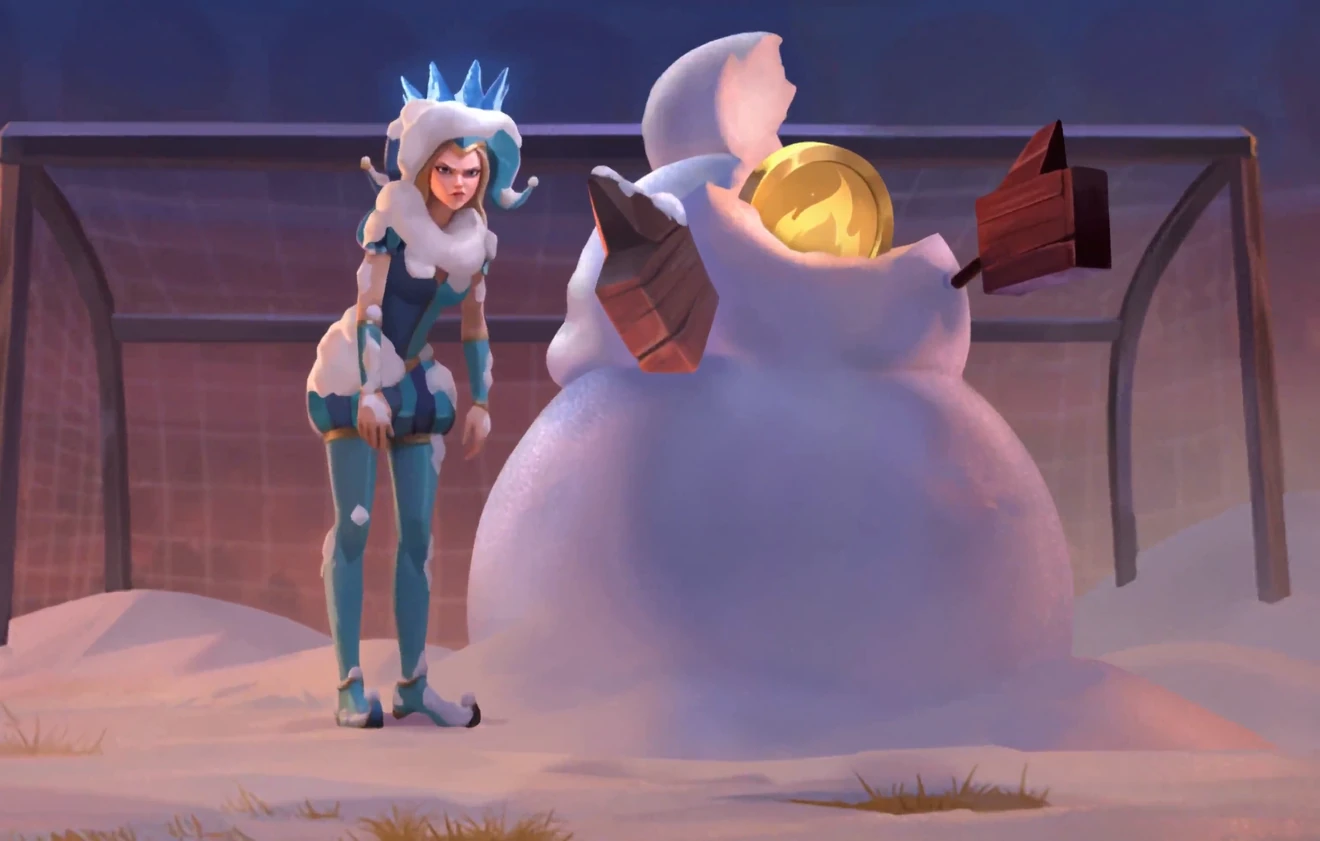 Lola in her frost crown beside a giant snowman keeping goal in the snowbound castle arena – Lolajack sports bonus on a first deposit